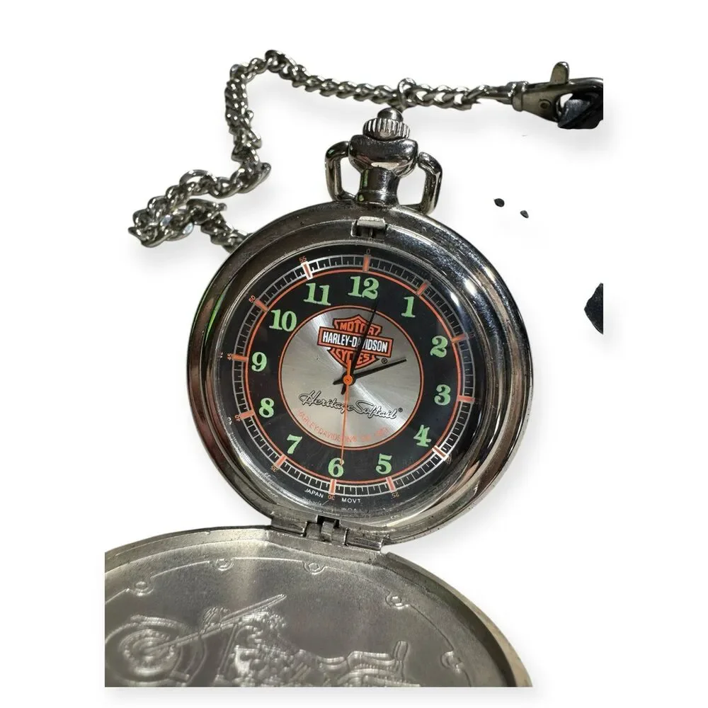 Harley-Davidson Pocket Watch Glow in Dark Vintage Quartz Chain w/ Leather Case‎